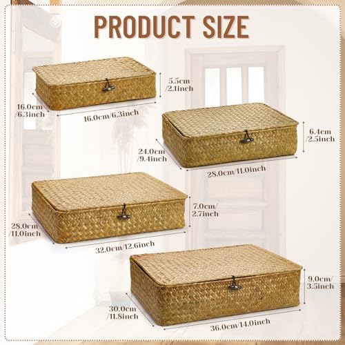 Didaey Set of 4 Seagrass Basket with Lid Wicker Storage Basket Decorative Sto...