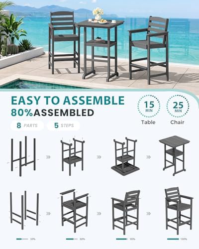 SERWALL 3 Pcs HDPE Bar Height Chairs and Double Layer Pub Table Set, Gray