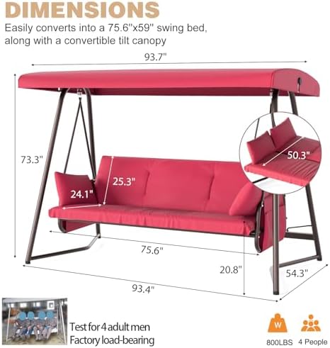 3-4 Seat Oversized Outdoor Porch Swing with Adjustable Canopy
