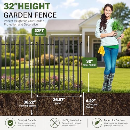 No Dig Decorative Garden Fence, 32in(H)×22ft(L), 10 Panels