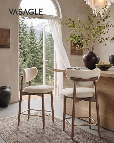VASAGLE Wooden Bar Stools Set of 2, Linen-Look Fabric, Cappuccino Beige