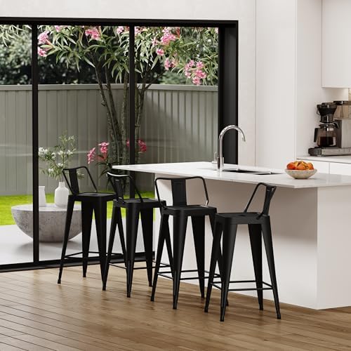 Metal Bar Stools Set of 4,26 Inch Counter Height Stools with Low Back Black