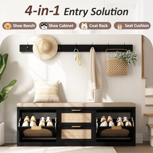 Rattan Narrow Entryway Bench with Shoe Storage, 4 Drawers & Coat Rack, Mi...