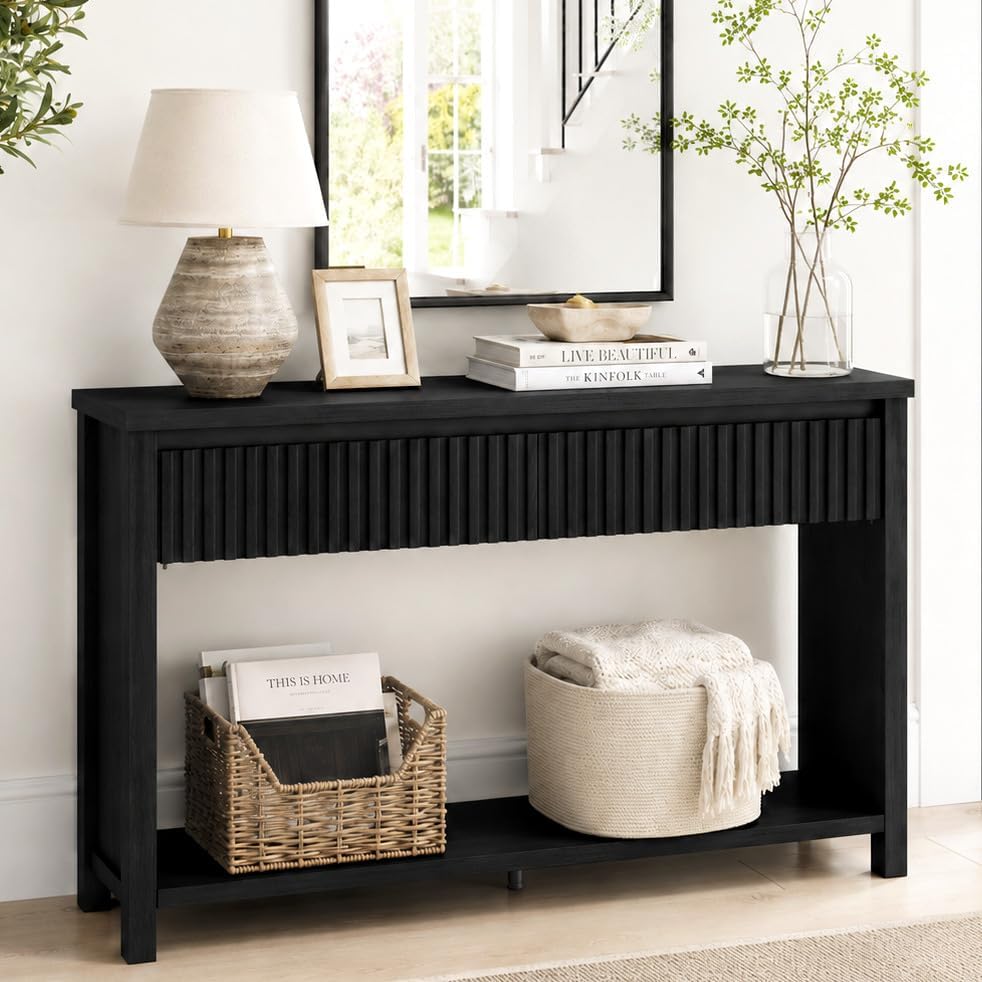 BON AUGURE Black Console Table for Entryway, 47" Entryway Table with Drawer