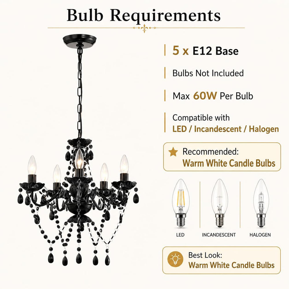 Small Black Crystal Chandelier, 5-Light for Bedroom