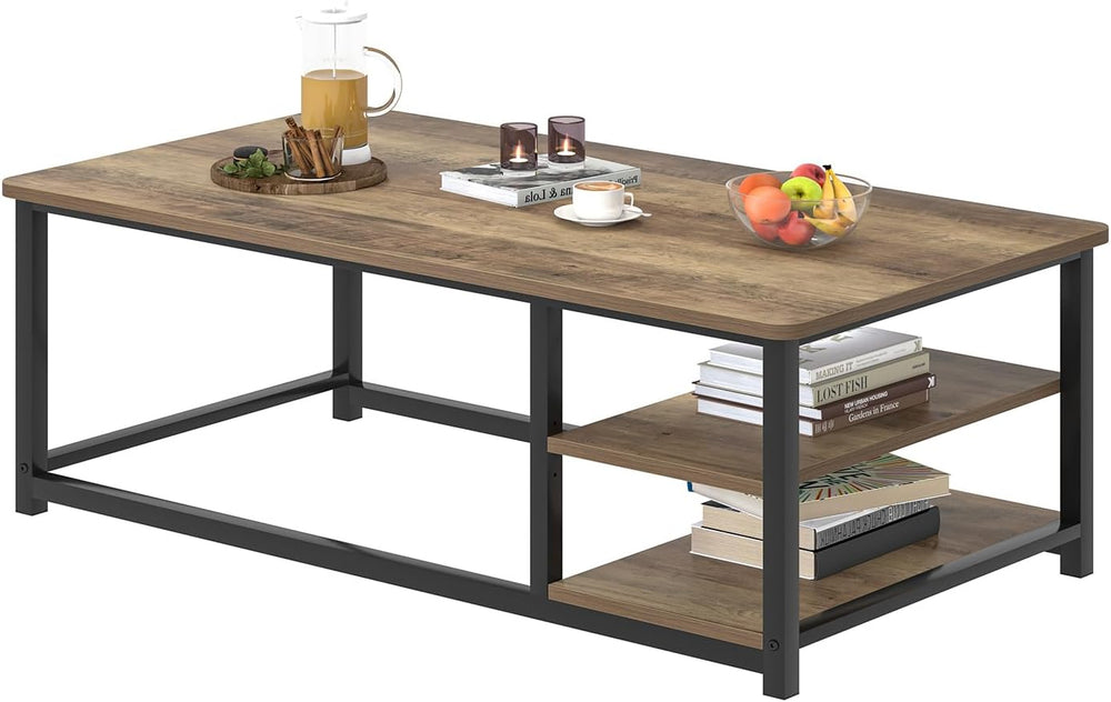 EXCEFUR Coffee Table with Storage Shelf, Modern Wood and Metal Center Table f...