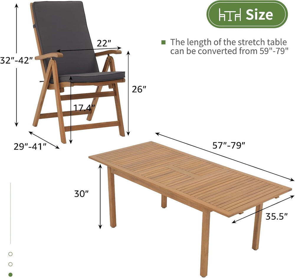 OC Orange-Casual 7 Piece Patio Dining Set, Wood Table and Chairs, Dark Grey