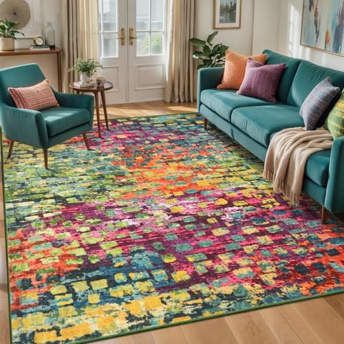 Colorful Abstract 4x6 Washable Rug, Modern Non Slip Rugs for LIving Room