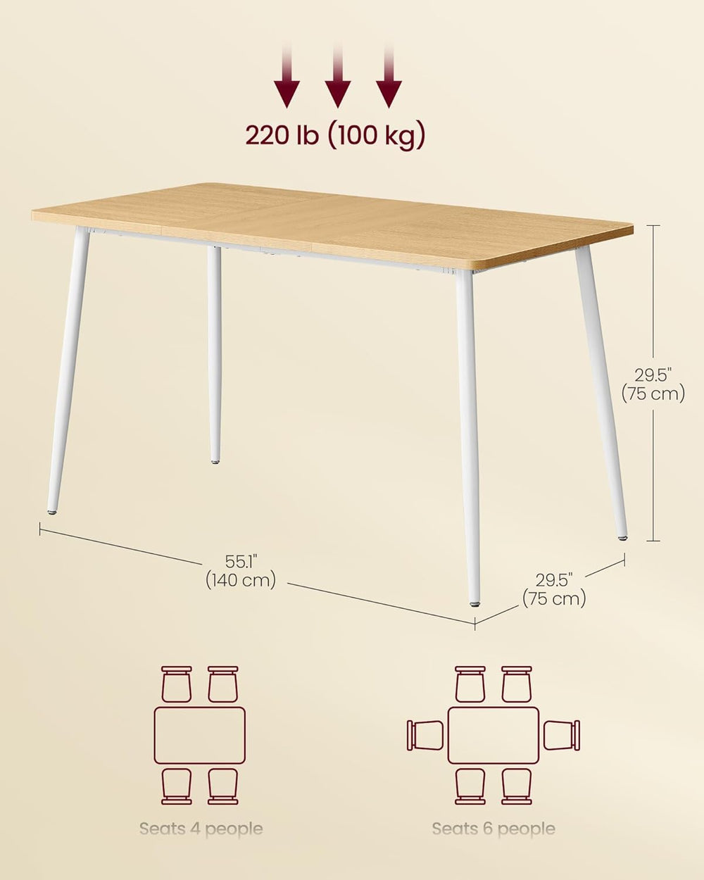 VASAGLE 55.1" Dining Table for 4-6 People, Modern Kitchen Table