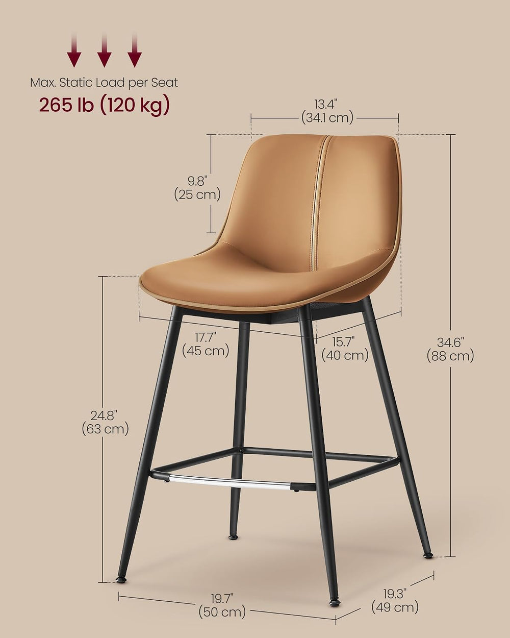 VASAGLE Bar Stools Set of 2, Counter Height, with Back, 24.8-Inch