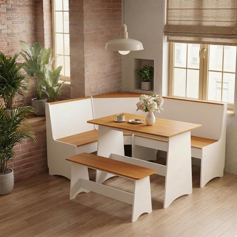 Farmhouse Breakfast Nook Table Set, Dining Nook Set with Corner Bench,with St...