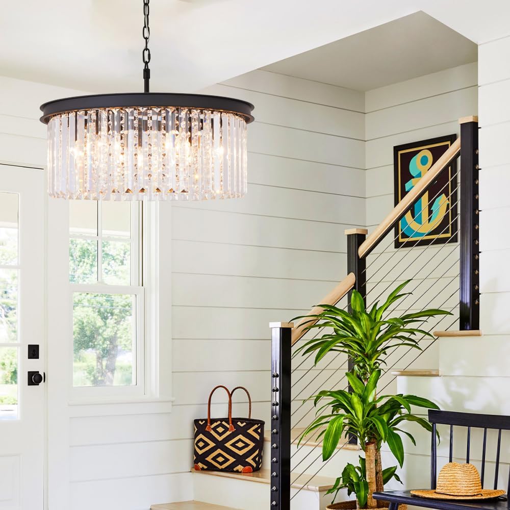 Modern Black Crystal Chandelier, 20" Small Pendant Lighting Fixture