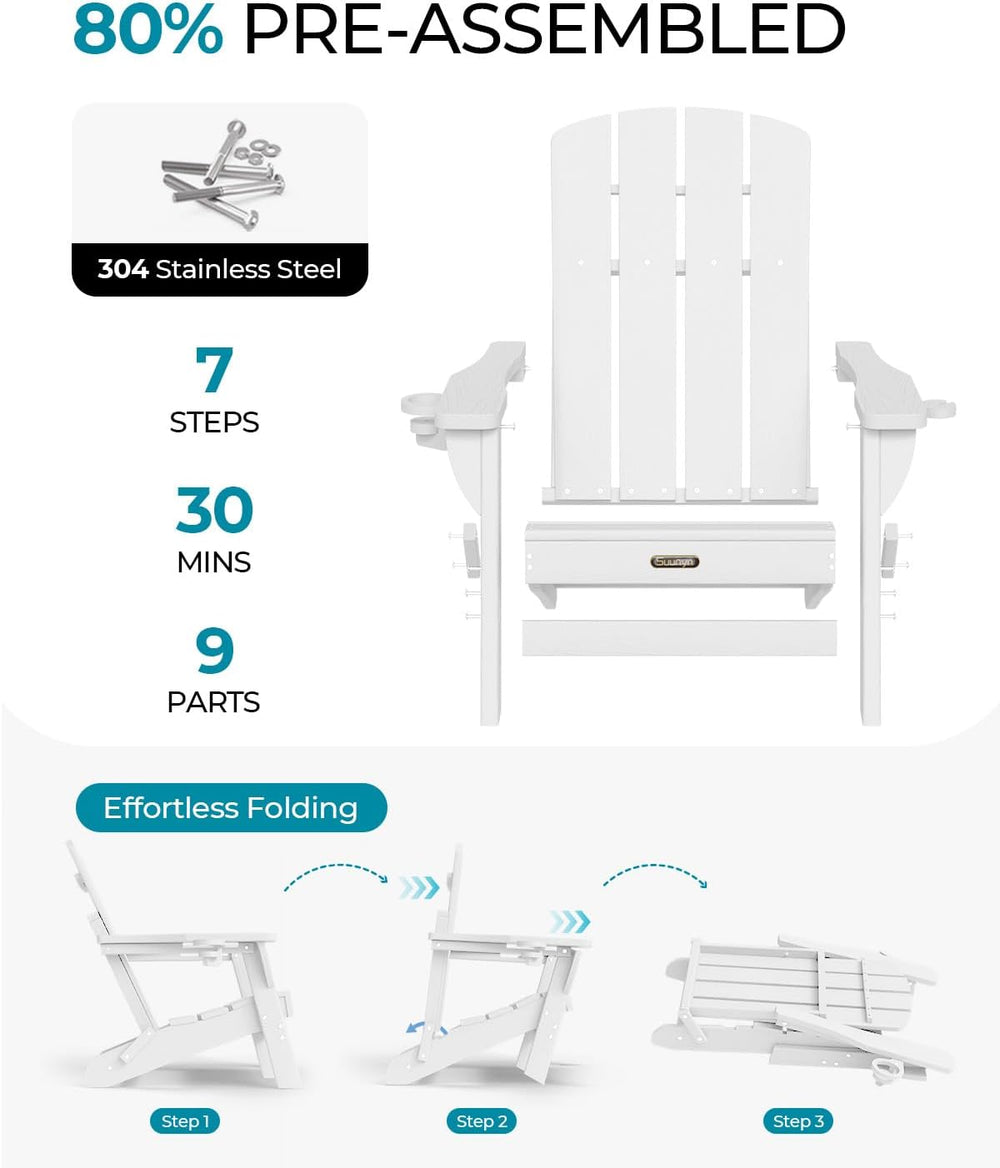 Folding Adirondack Chair, HDPE, 2 Cup Holders, White