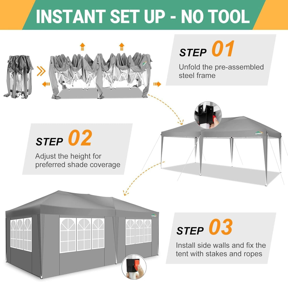 COBIZI 10x20 Pop Up Canopy with 6 Sidewalls, One Push Easy Setup, Gray