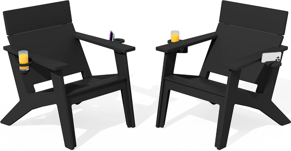 SERWALL Modern Adirondack Chair Set of 2, Cup‑Holder,Solid Backrest, Black