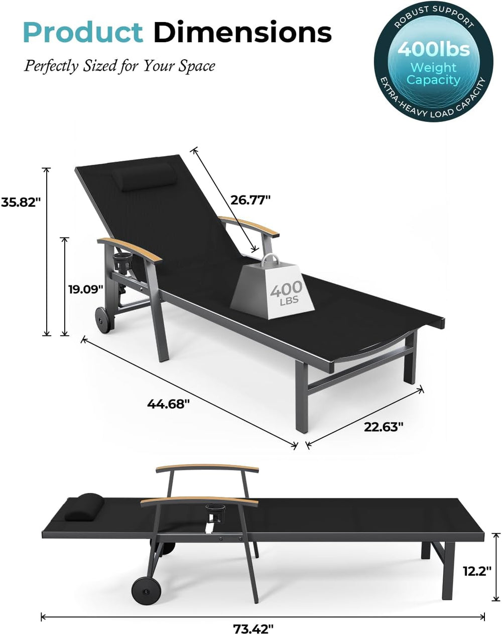 Ciokea Outdoor Lounge Chair with Pillow, 5-Position Aluminum Chaise Lounge wi...
