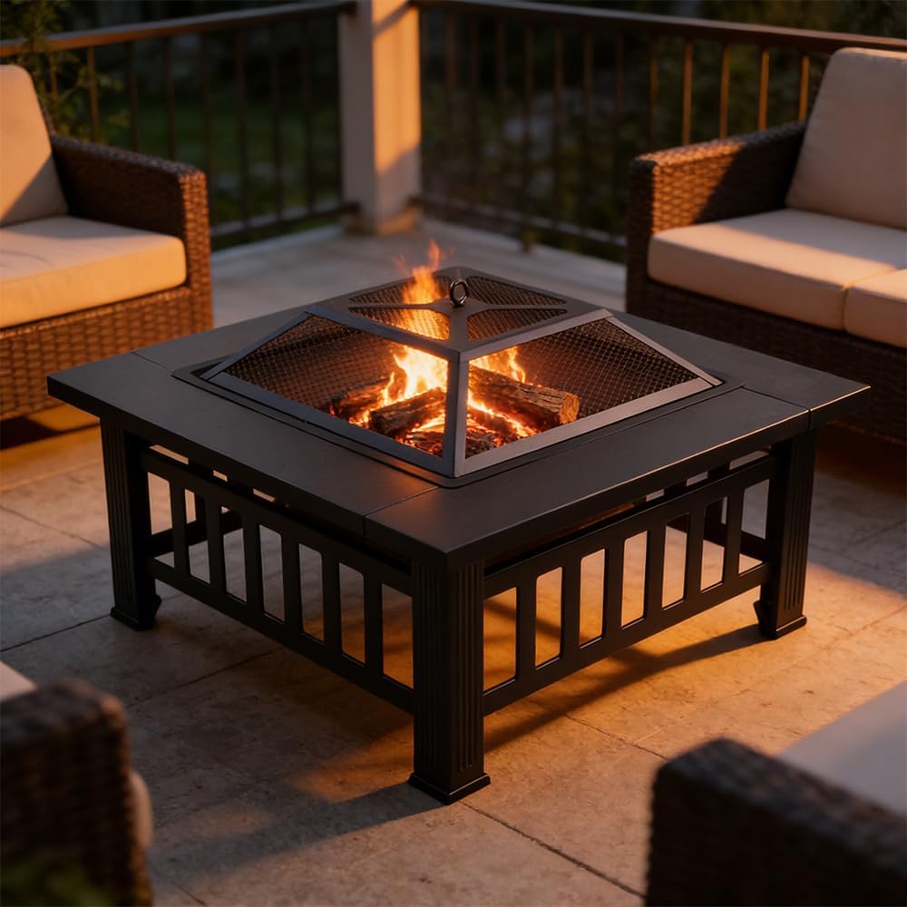 3-in-1 Multifunctional Square Fire Pit Table, 32-Inch Outdoor Metal Fire Pit ...