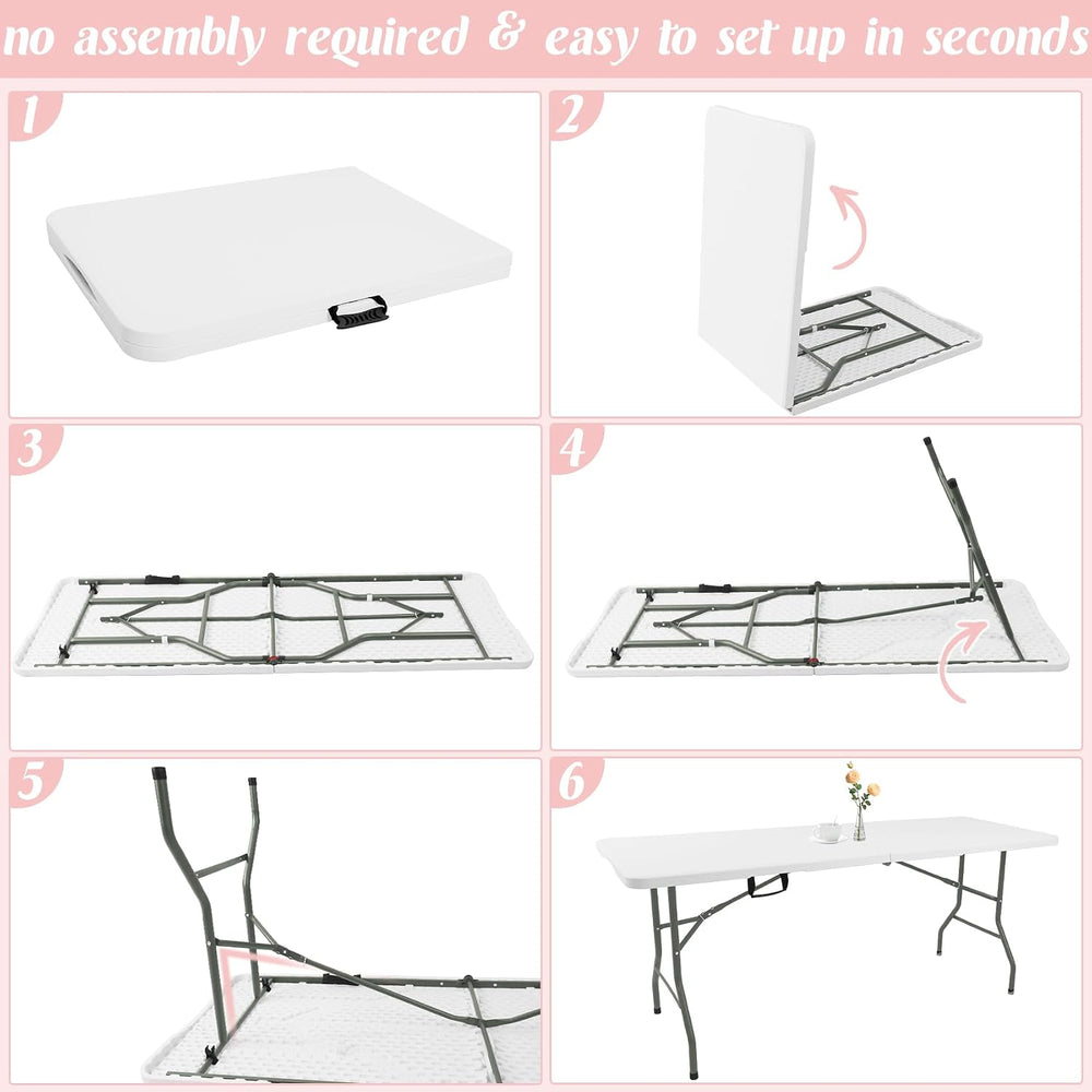 2 Pack 5 Feet Portable Folding Table White, Steel Legs Fold-in-Half with Carr...