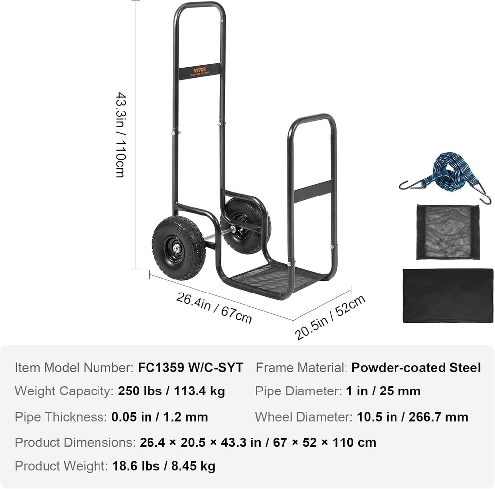 VEVOR Firewood Cart, 250 lbs Capacity, Black Heavy Duty Steel Dolly Hauler wi...