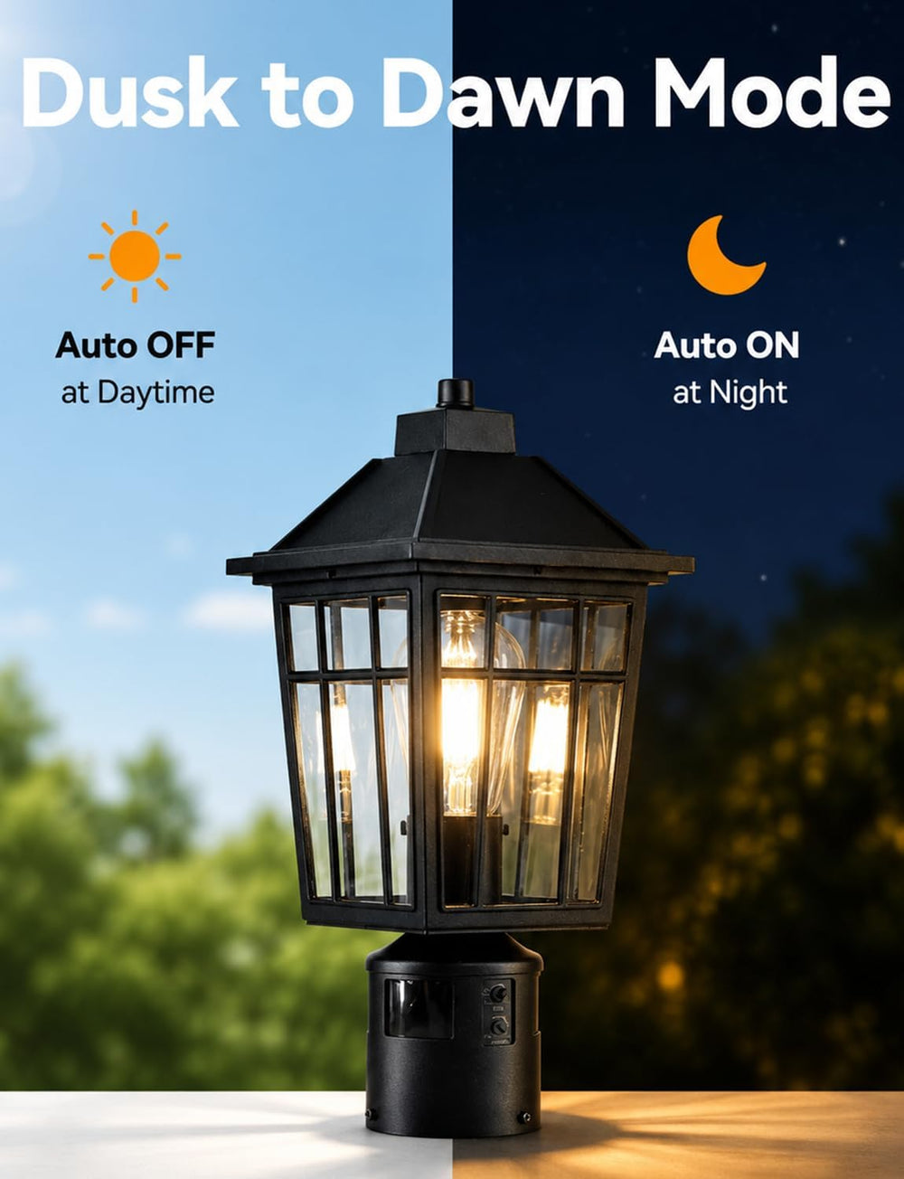 Yisuro 360°Motion Sensor Outdoor Post Light, Dusk to Dawn Hardwired Pole Lant...
