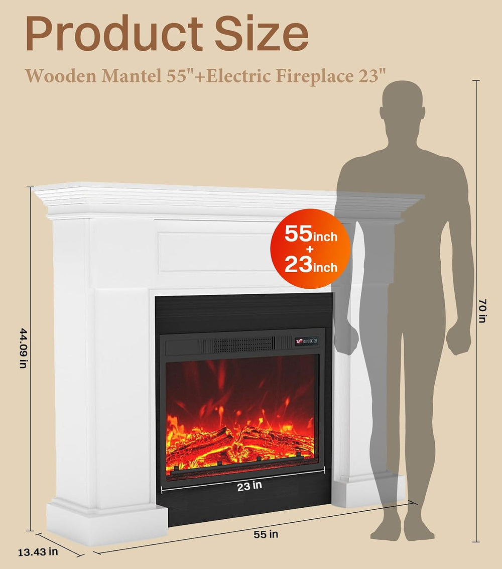 55" Electric Fireplace with Mantel,TV Stand, 23" Fireplace Heat, 8H...