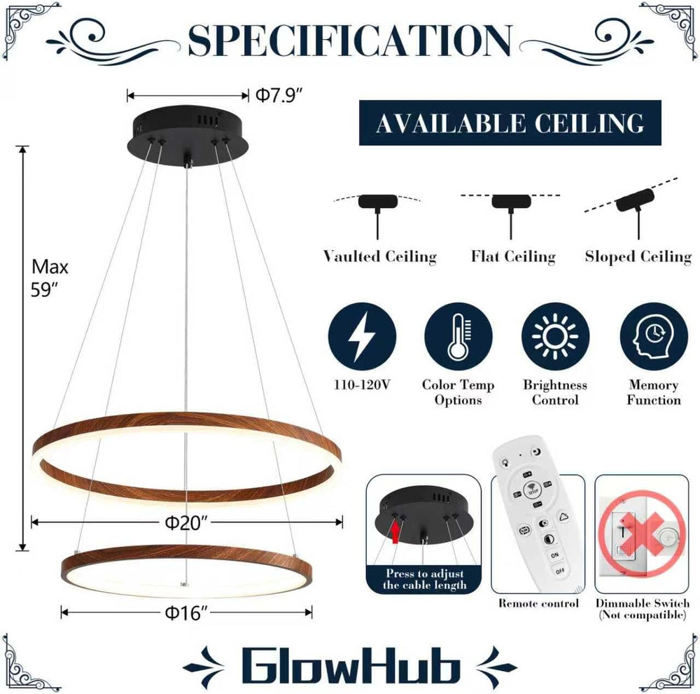 GlowHub Modern LED Chandelier for Dining Room 2 Ring Wood Grain Hanging Light...