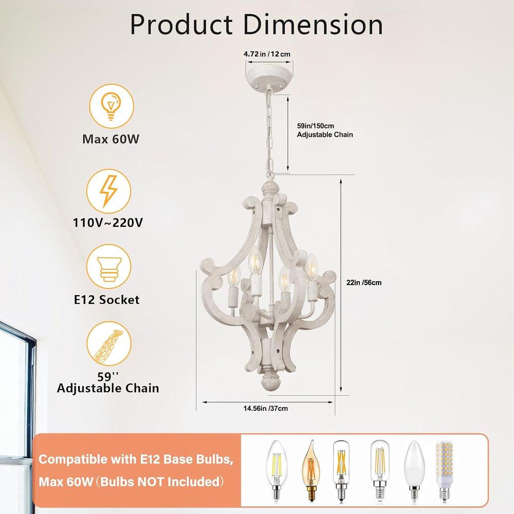 Farmhouse Chandelier, 4-Light French Country White Chandelier