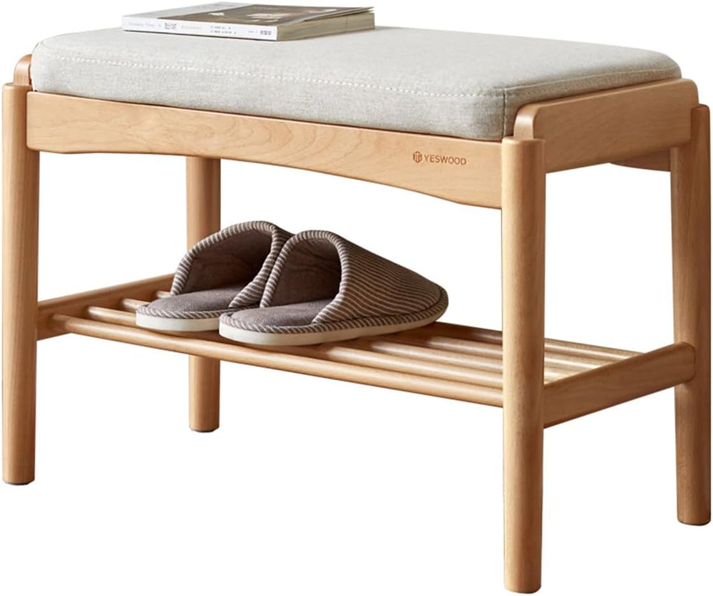 Solid Wood Shoe Bench, Shoe Rack Bench Assembled with Cushion for Entryway, H...