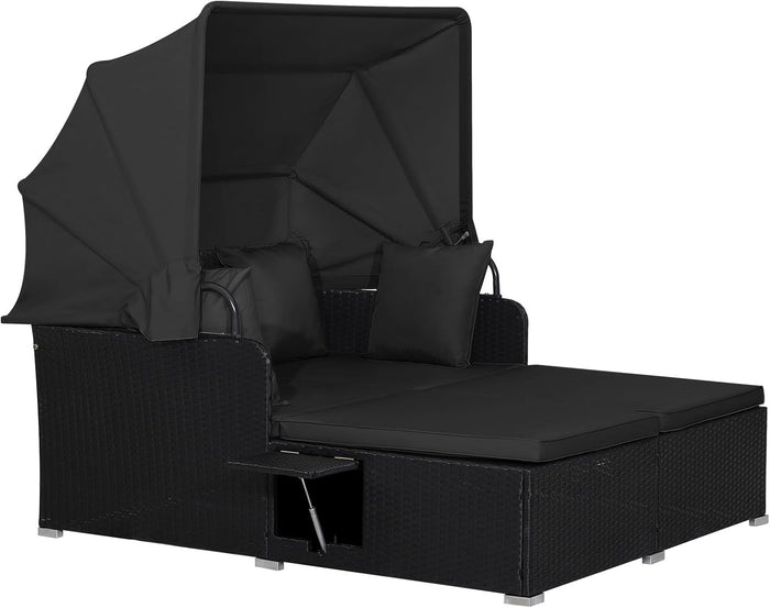 RELAX4LIFE Patio Outdoor Daybed with Canopy, Wicker Sunbed w/Cushions, 4 Pillows & 2 Retractable Side Trays, 2-Person Lounge Bed Conversation for Poolside Porch Garden, Rattan Outdoor Bed (Black)