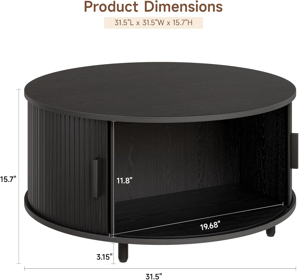 ONBRILL 31.5" Round Coffee Table with Storage Adjustable Footpads Black
