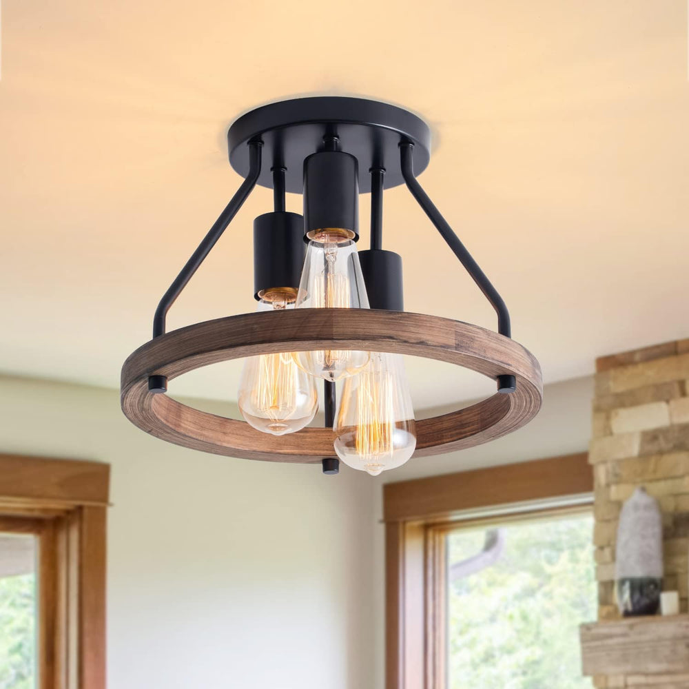VILUXY Industrial Flush Mount Ceiling Light Fixture with Retro Wood Circle Sh...