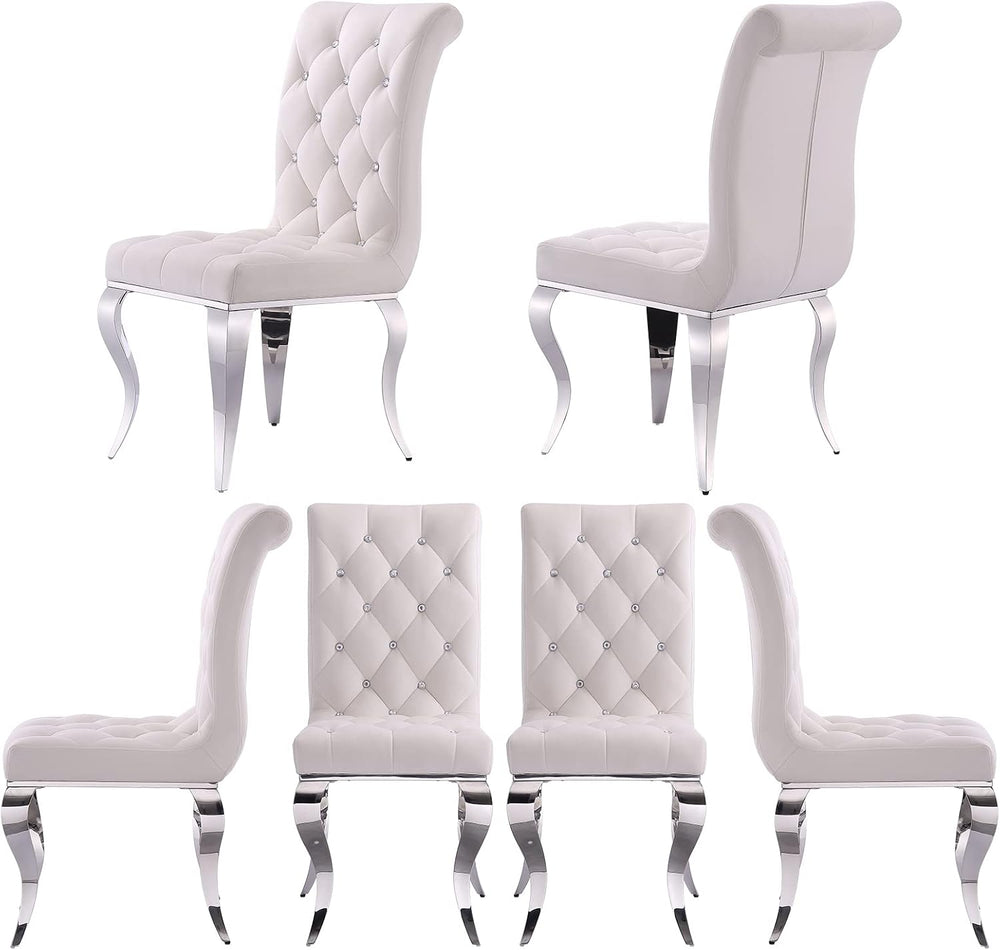 White Velvet Dining Chairs with Silver Mirrored Legs, Set of 6