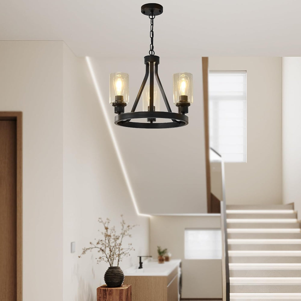 Bronze Chandelier,Farmhouse Chandelier Lighting Round 3 Lights with Glass Sha...
