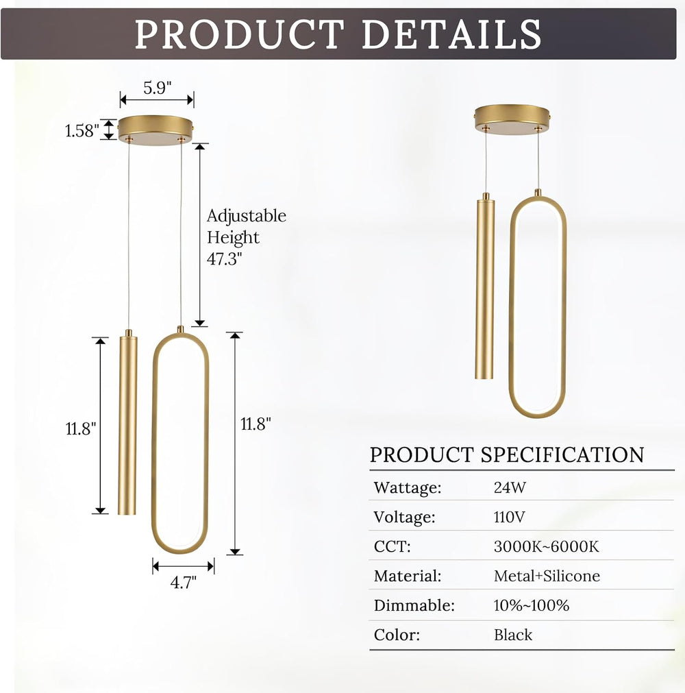 Gold Modern Mini LED Pendant Light with Remote Control, 24W 3-Color Temp Step...