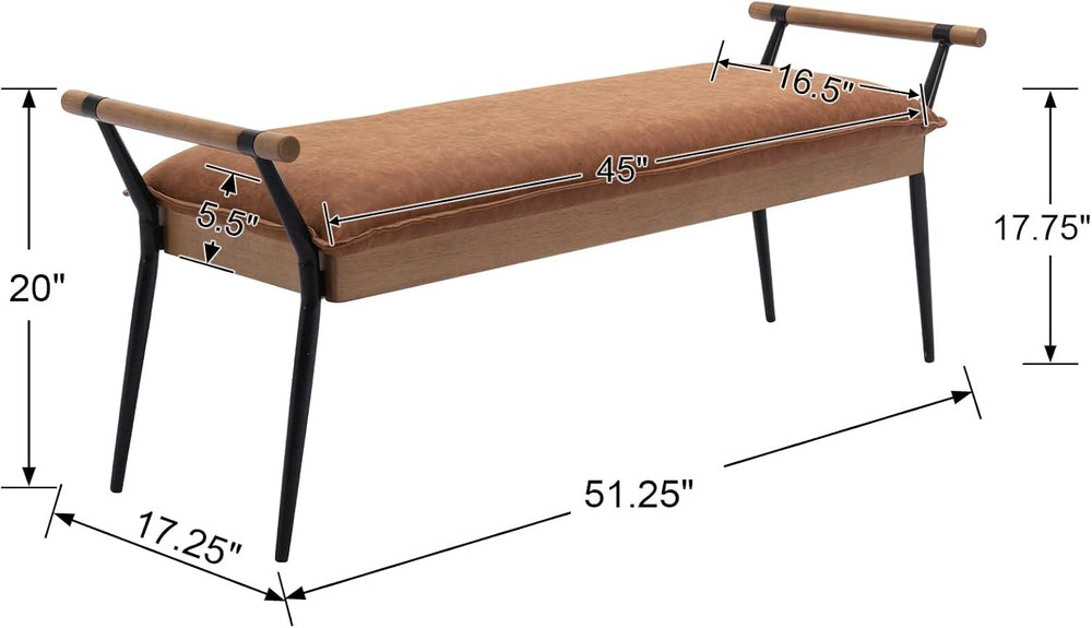 DUOMAY Modern PU Ottoman Bench with Arms & Metal Legs, Brown