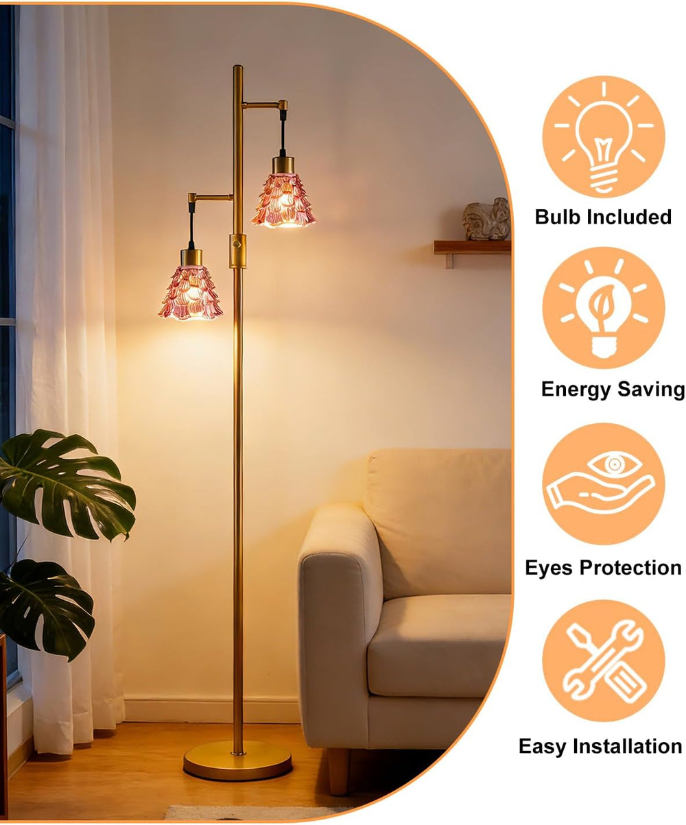 Red Glass Floor Lamp Dimmable 2-Light Modern Gold Tall Floor Lamp
