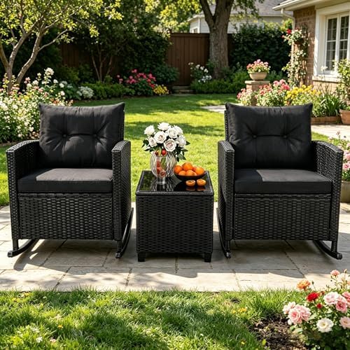 ORALNER 3 Pieces Patio Rocking Chair, Black Wicker Bistro Set (Black)