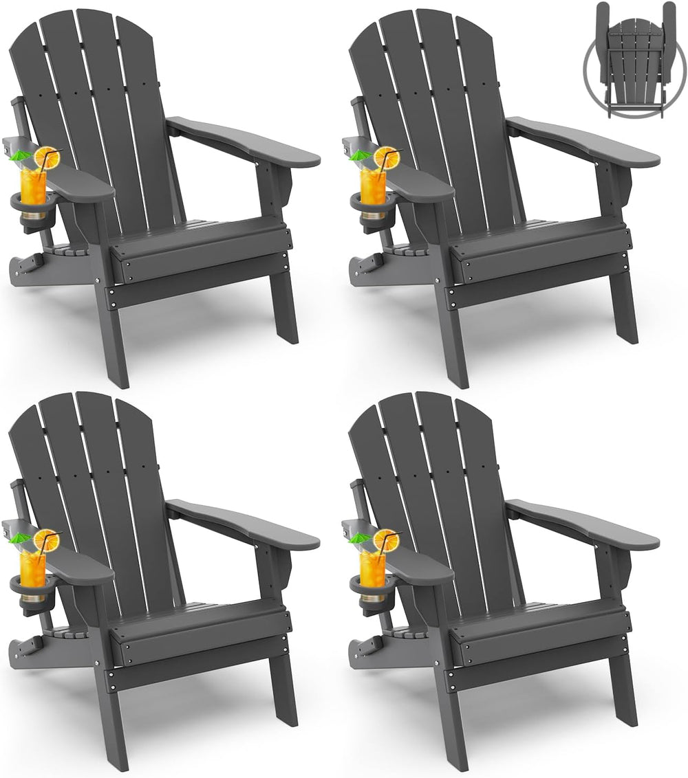 GREENVINES Folding-Adirondack-Chairs Set of 4, HDPE All Weather, Grey