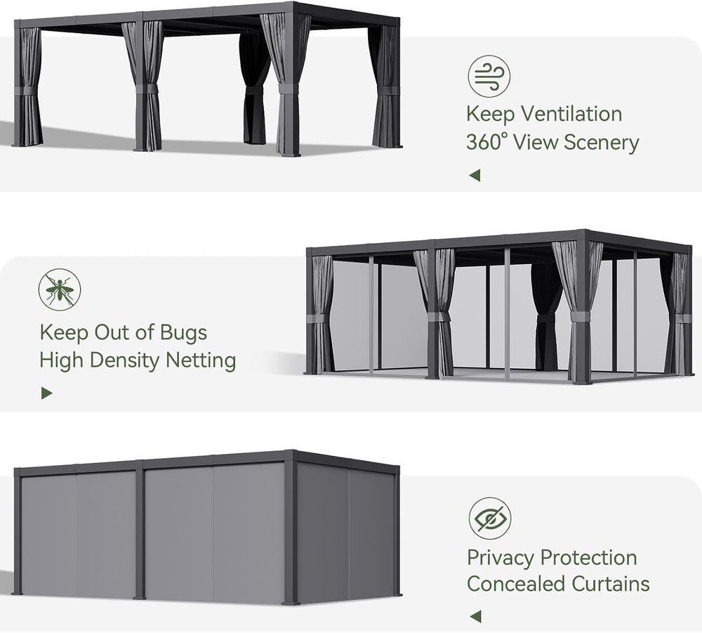 Aoxun Louvered Pergola 12x20 All-Aluminum, Waterproof Curtains and Netting