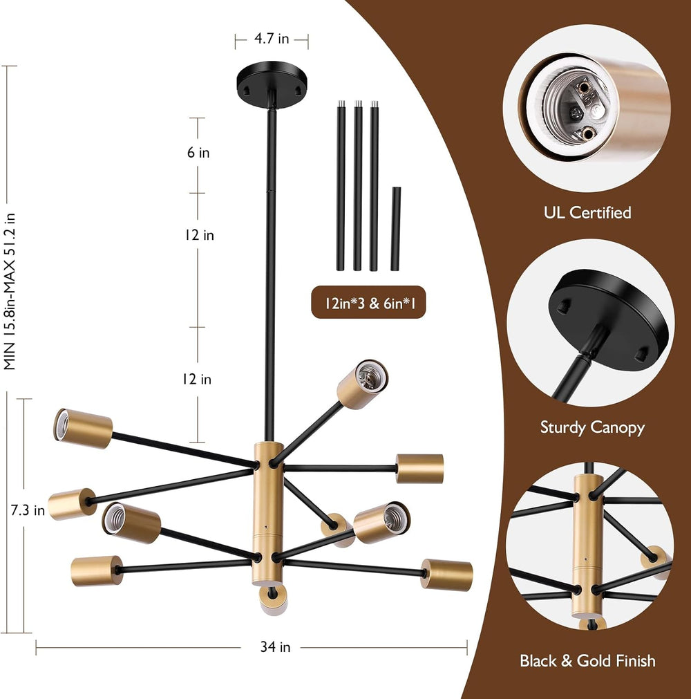 Sheetea 10-Light Chandelier, Dining Room Light Fixture Black and Gold