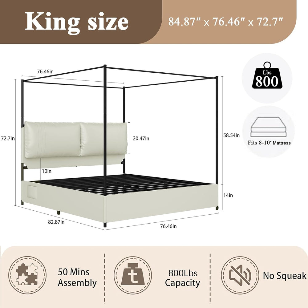 King Canopy Bed Frame with Tall Upholstered Faux Leather Headboard