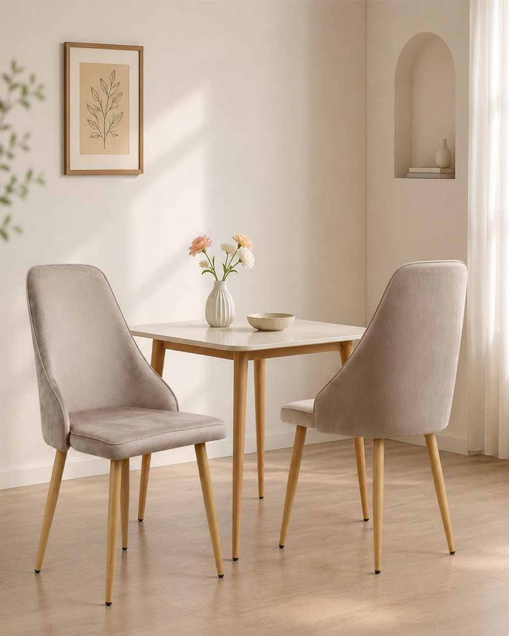 Mid-Century Modern Dining Chairs Set of 2 Grey Velvet Upholstered High Back A...
