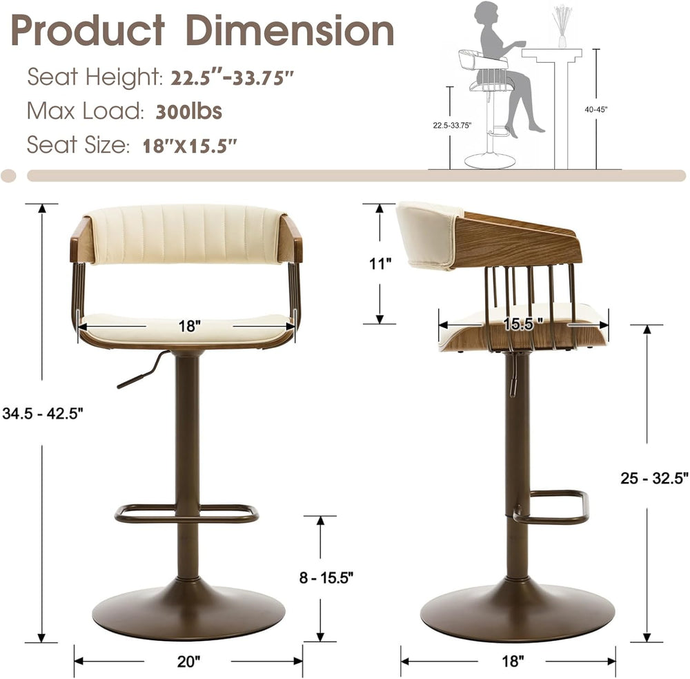 CIMOTA Swivel Adjustable Bar Stools Set of 2, Mid-Century Modern Counter Stoo...