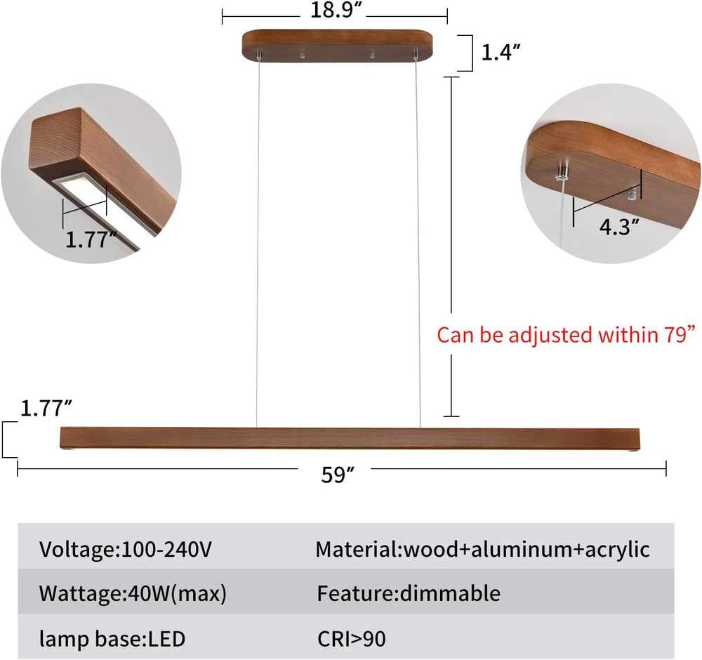 YISDESIGN 59" Wood Linear Pendant Light Fixtures Modern Led 40w Dimmable...