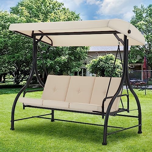 AECOJOY 3-Seat Outdoor Patio Swing With Canopy, Converting Porch Hammock, Adj...