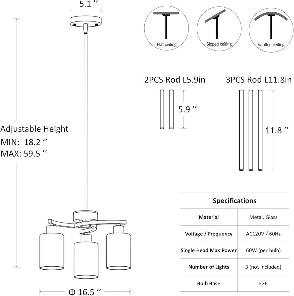 CNRATYE 3-Light Modern Farmhouse Black Pendant Lights Kitchen Island, Adjusta...
