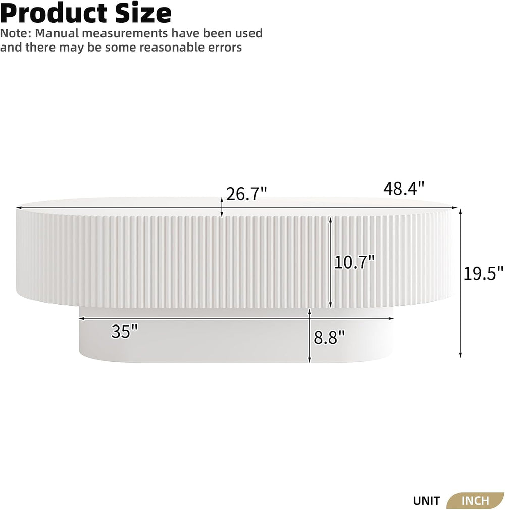 LUMISOL Oval Fluted Coffee Table with Thick Tabletop and Base,White