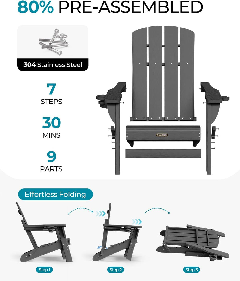 Folding Adirondack Chair Set of 4, HDPE Adirondack Chairs with 2 Cup Holder, ...