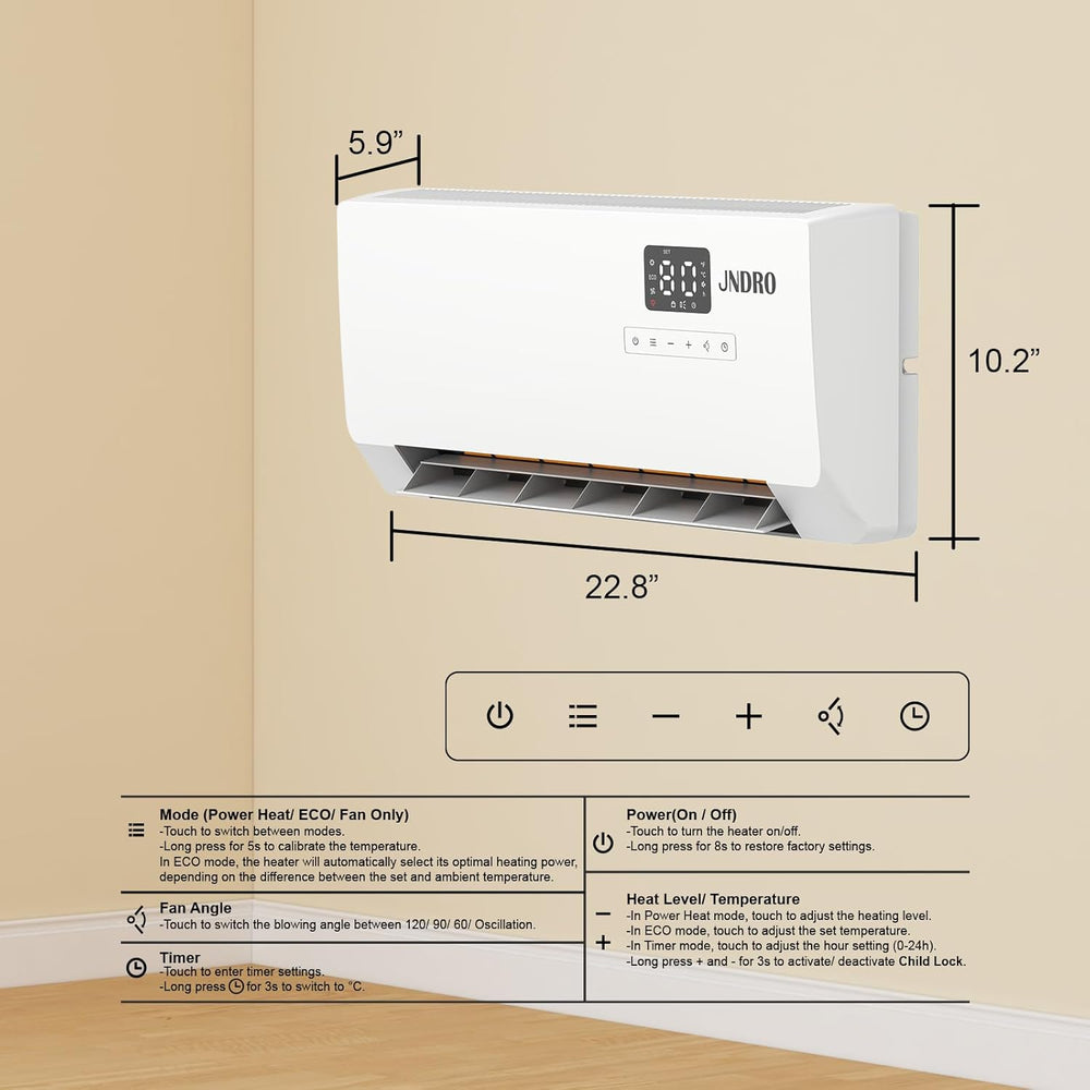24-Inch Wall Mounted Electric Heater - 1500W Indoor Space Heater with LED Dis...