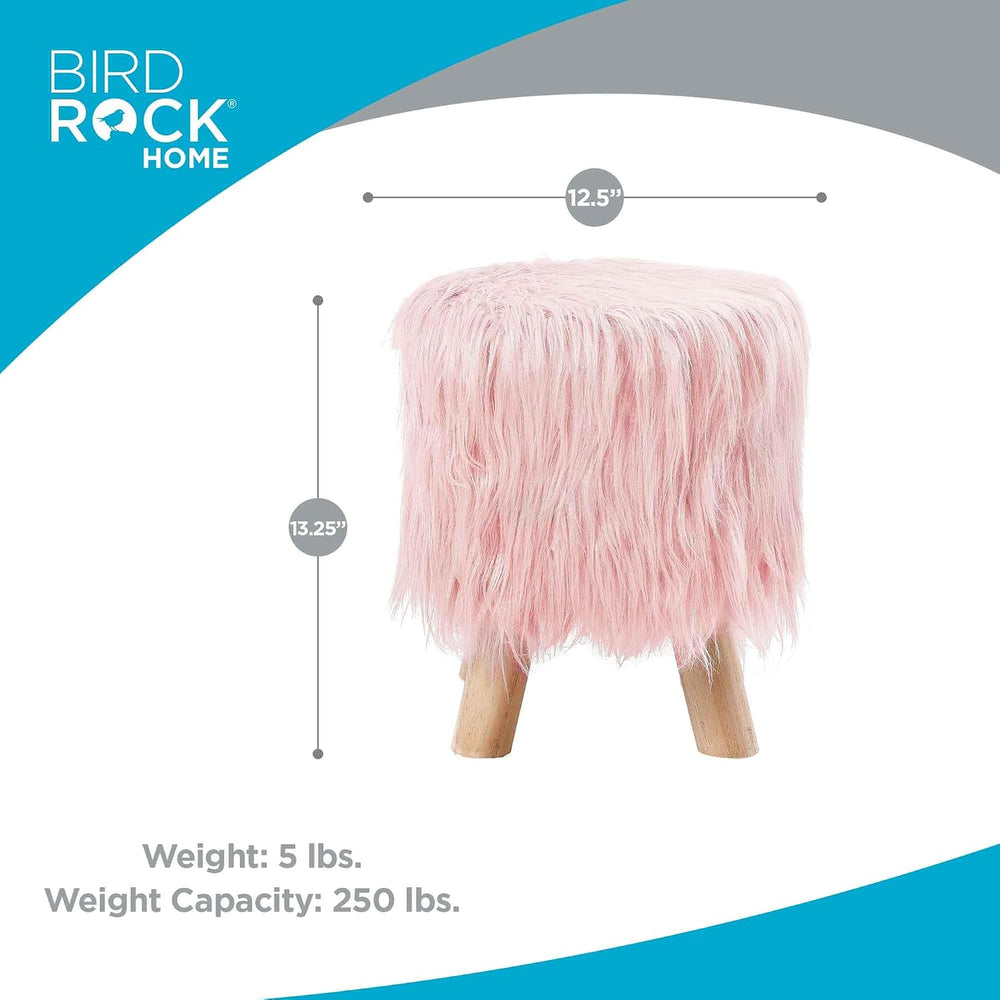 BIRDROCK HOME Faux Fur Foot Stool Ottoman – Upholstered Vanity Chair w/Natura...
